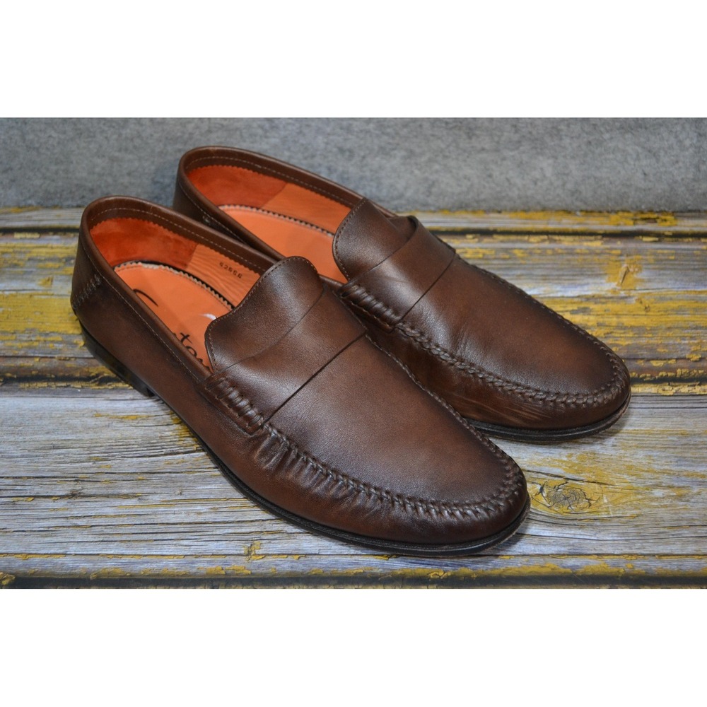 Santoni Paine Loafers Mens 12 D Brown Leather Shoes Almond Toe Dress Italy $750+